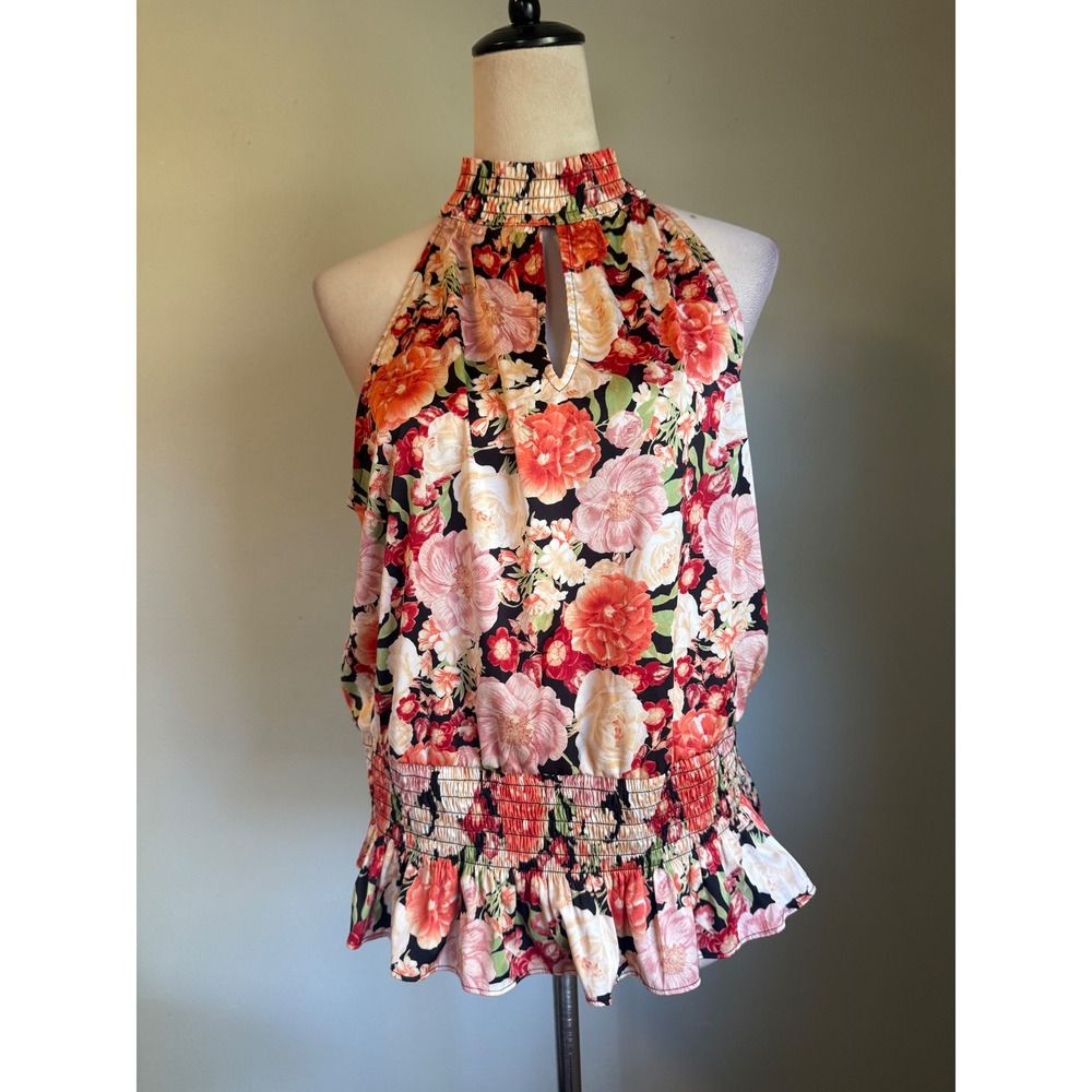 Pink‎ Floral Smocked Halter Top Peplum Blouse L Orange cottage boho whimsi Y2K